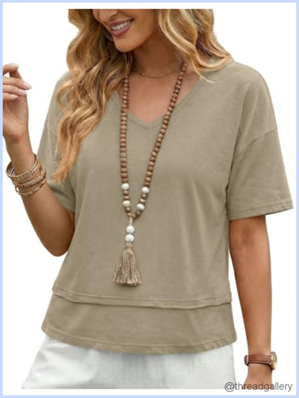 Womens 100% Cotton V Neck Oversized Boxy Loose Fit Short Sleeve Tee